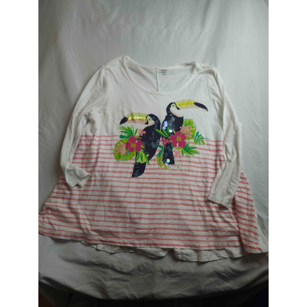 Crown & Ivy Shirt Top Womens Large White Striped Sequin Toucan Bird Tunic Casual